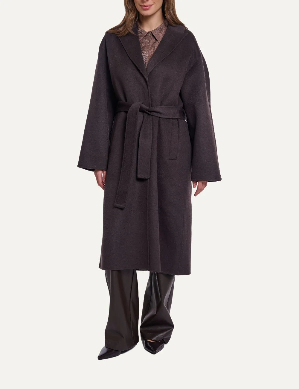 Rino Pelle women's dark brown long coat with notched lapels, wide sleeves and matching waist tie belt front view
