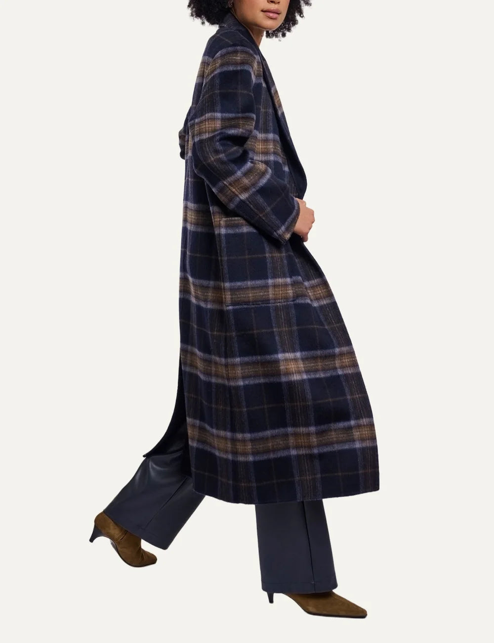 Rino &amp; Pelle women's dark navy check reversible long wool coat side