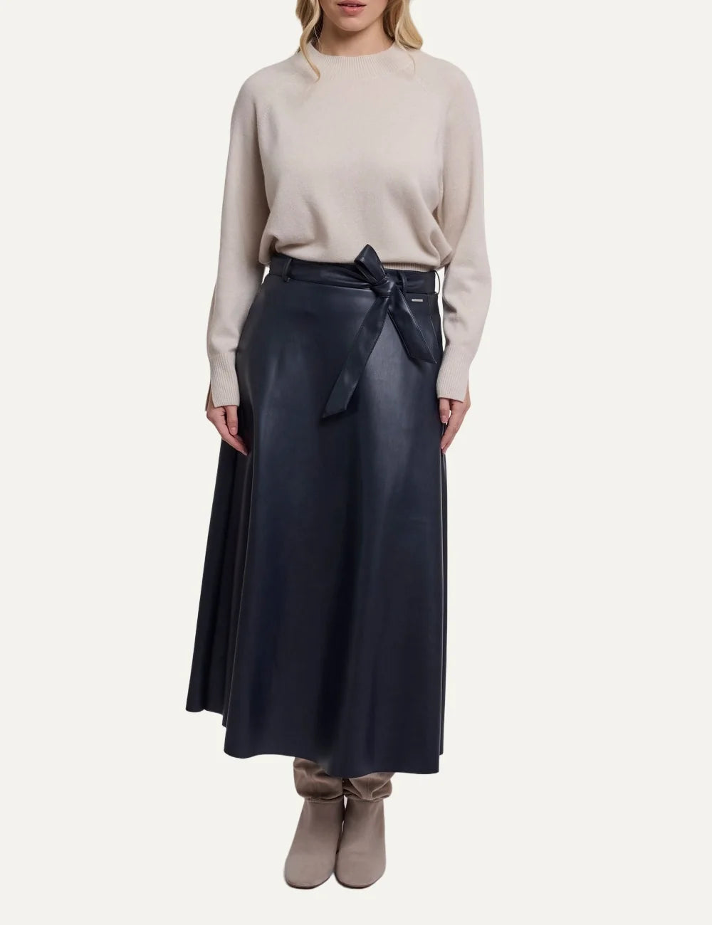 Rino &amp; Pelle women's dark navy faux leather A-line maxi skirt with belt full look
