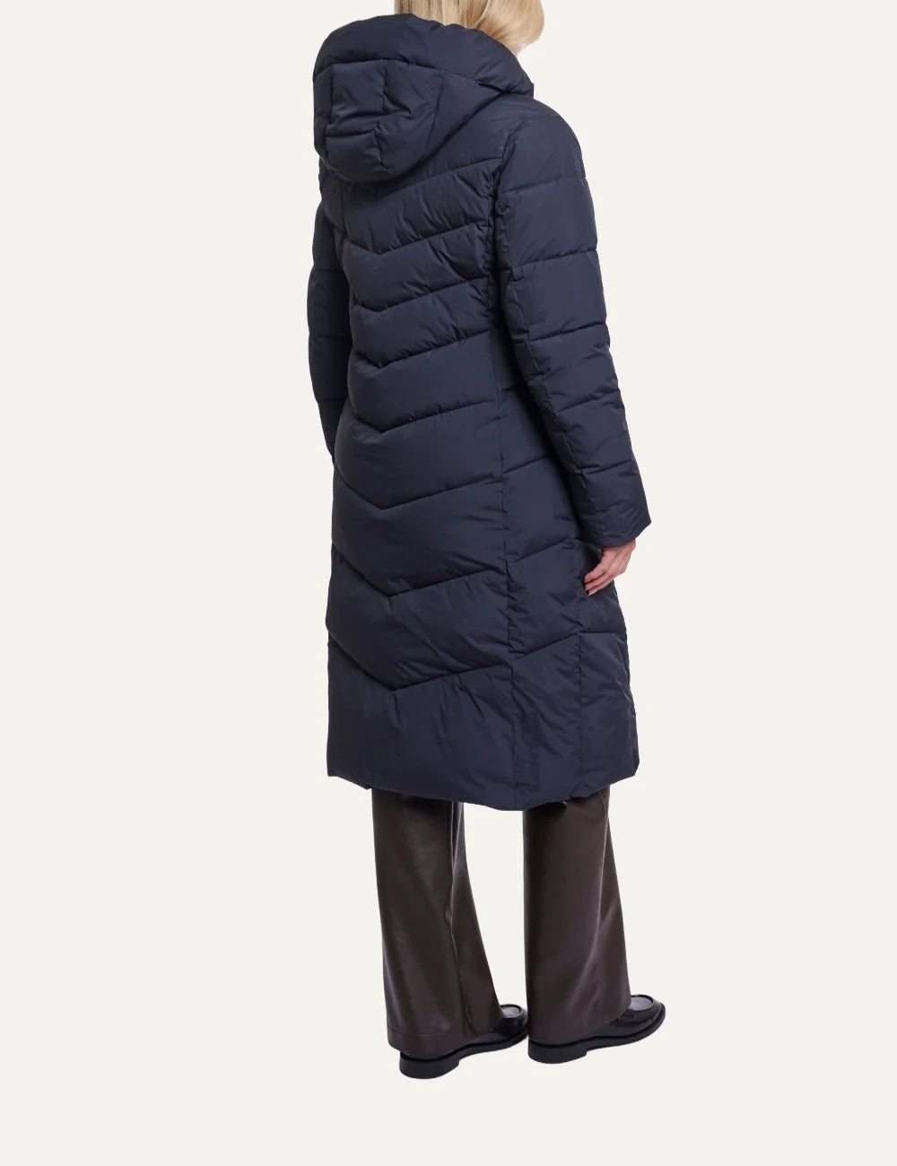 Rino Pelle women's dark navy long quilted puffer coat with hood, diagonal stitching and front zip closure back view