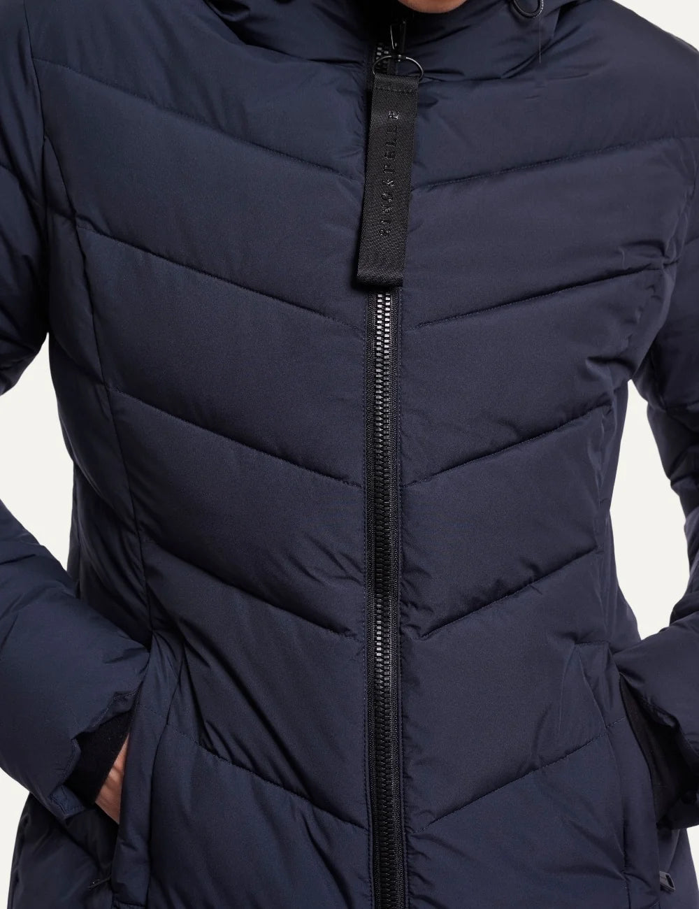 Rino Pelle women's dark navy long quilted puffer coat with hood, diagonal stitching and front zip closure zip detail