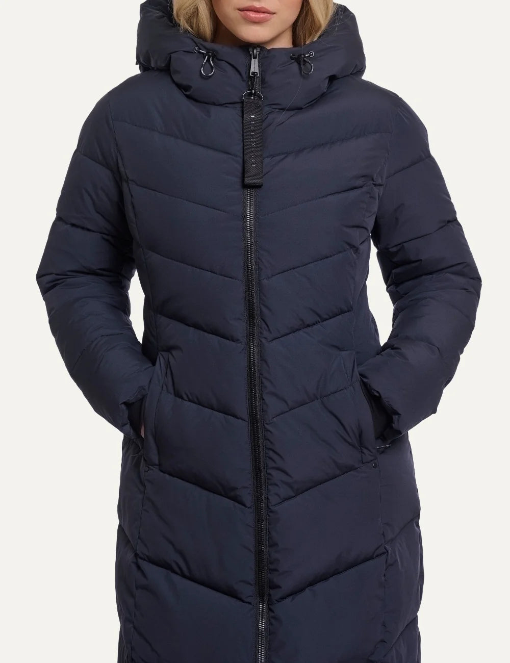 Rino Pelle women's dark navy long quilted puffer coat with hood, diagonal stitching and front zip closure front view details