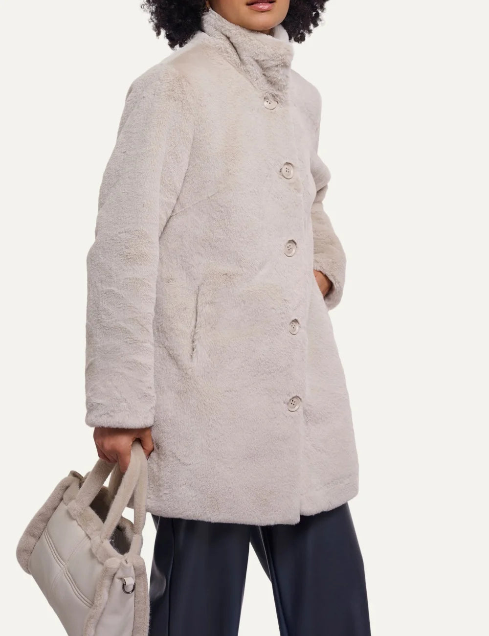 Rino &  Pelle women's ecru faux fur mid-length coat front view