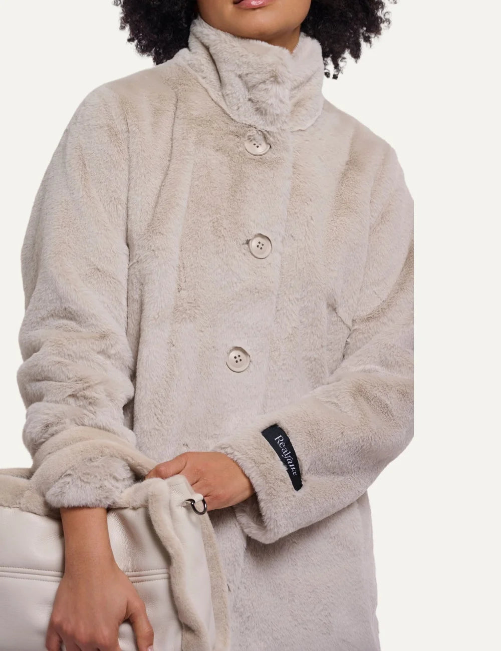Rino &amp; Pelle women's ecru faux fur mid-length coat front view