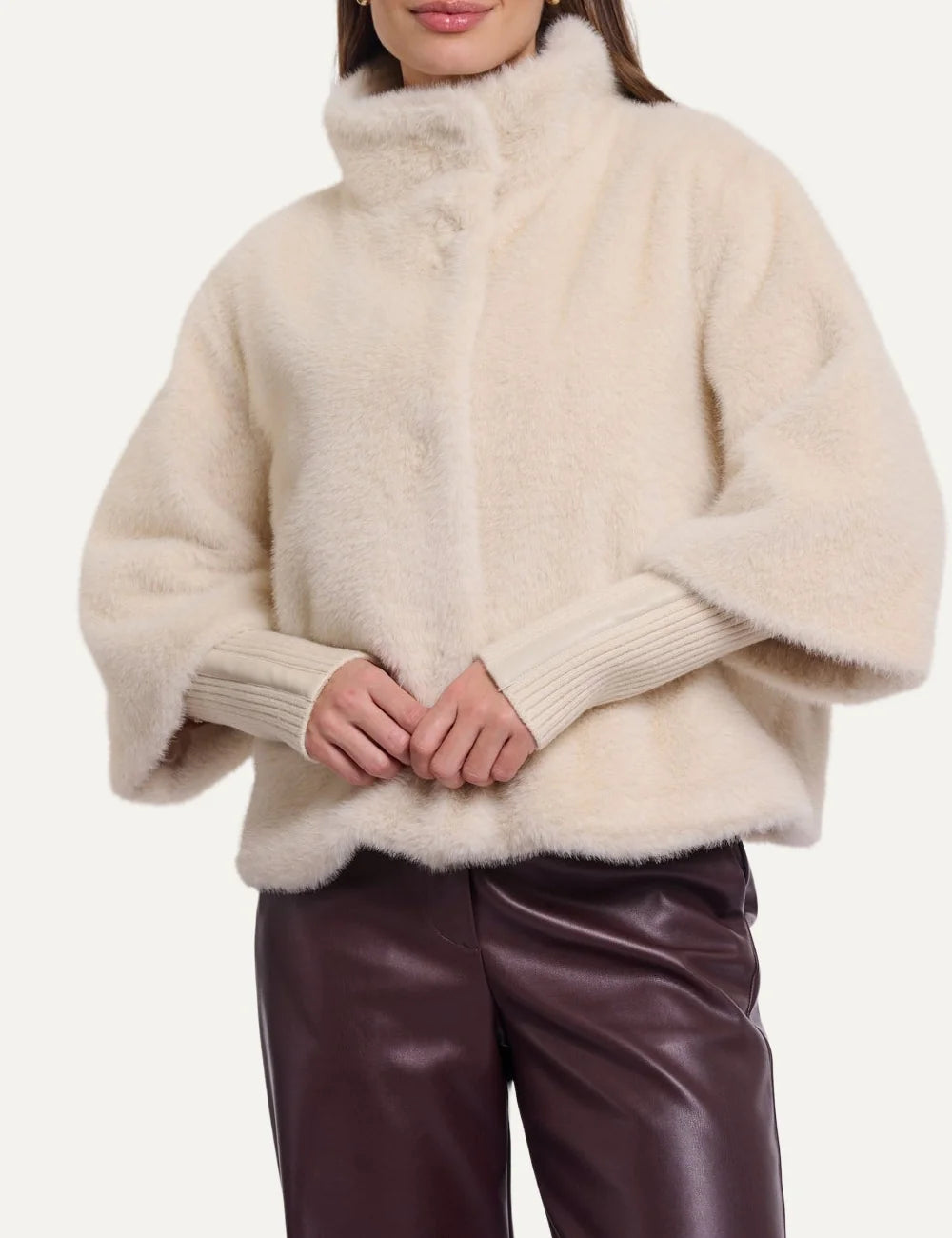 Rino &amp; Pelle women's ecru faux fur jacket with detachable sleeves front view