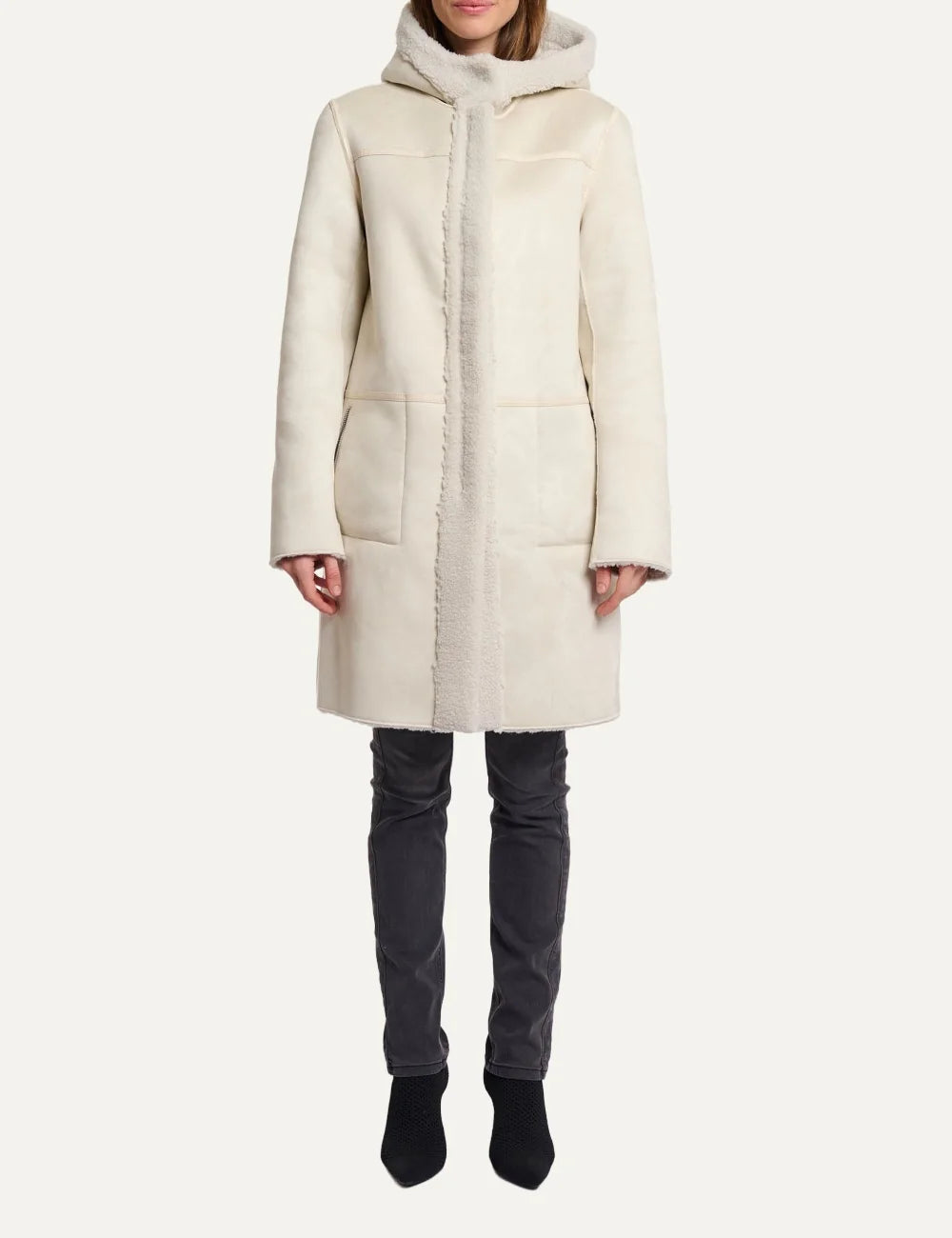 Rino &amp; Pelle women's ivory reversible faux fur and faux suede hooded coat full body