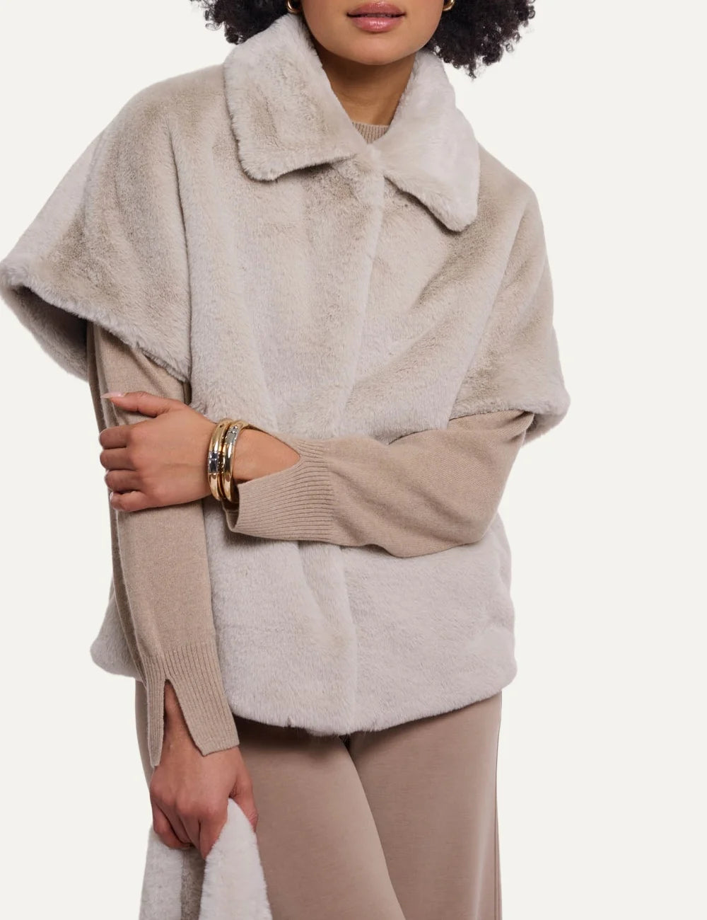 Rino & Pelle women's light beige faux fur cape with wide collar front view