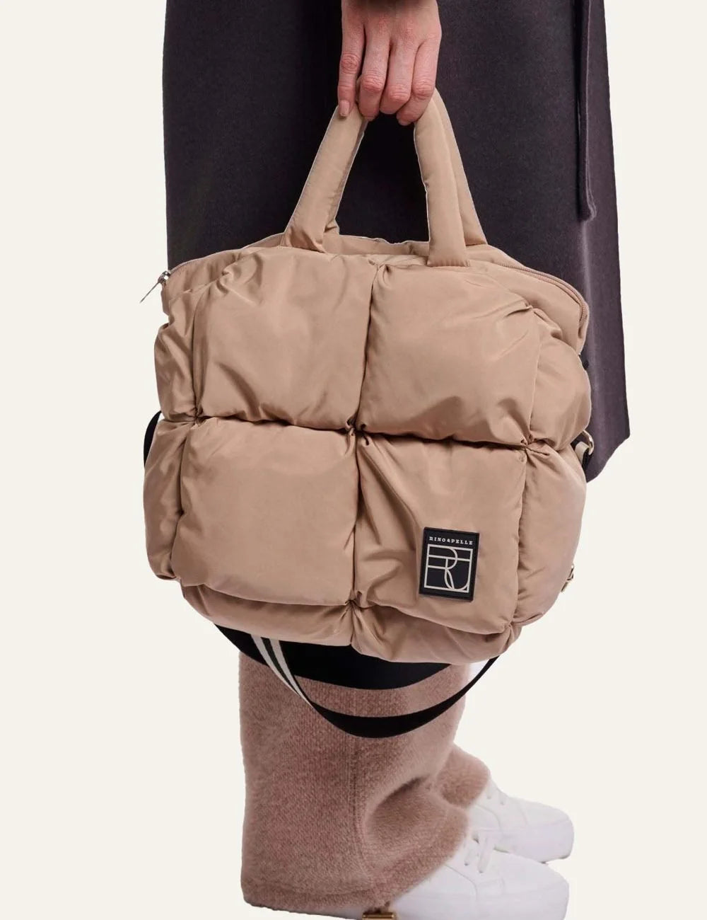 Rino Pelle women's light beige padded quilted handbag with puffy design, double handles, detachable shoulder strap and front logo patch detail