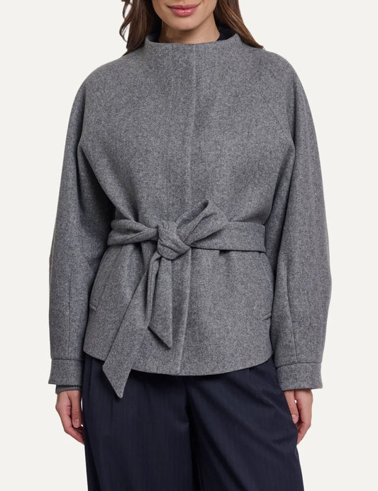 Rino & Pelle women's mid grey melange lightweight belted coat with stand collar front view
