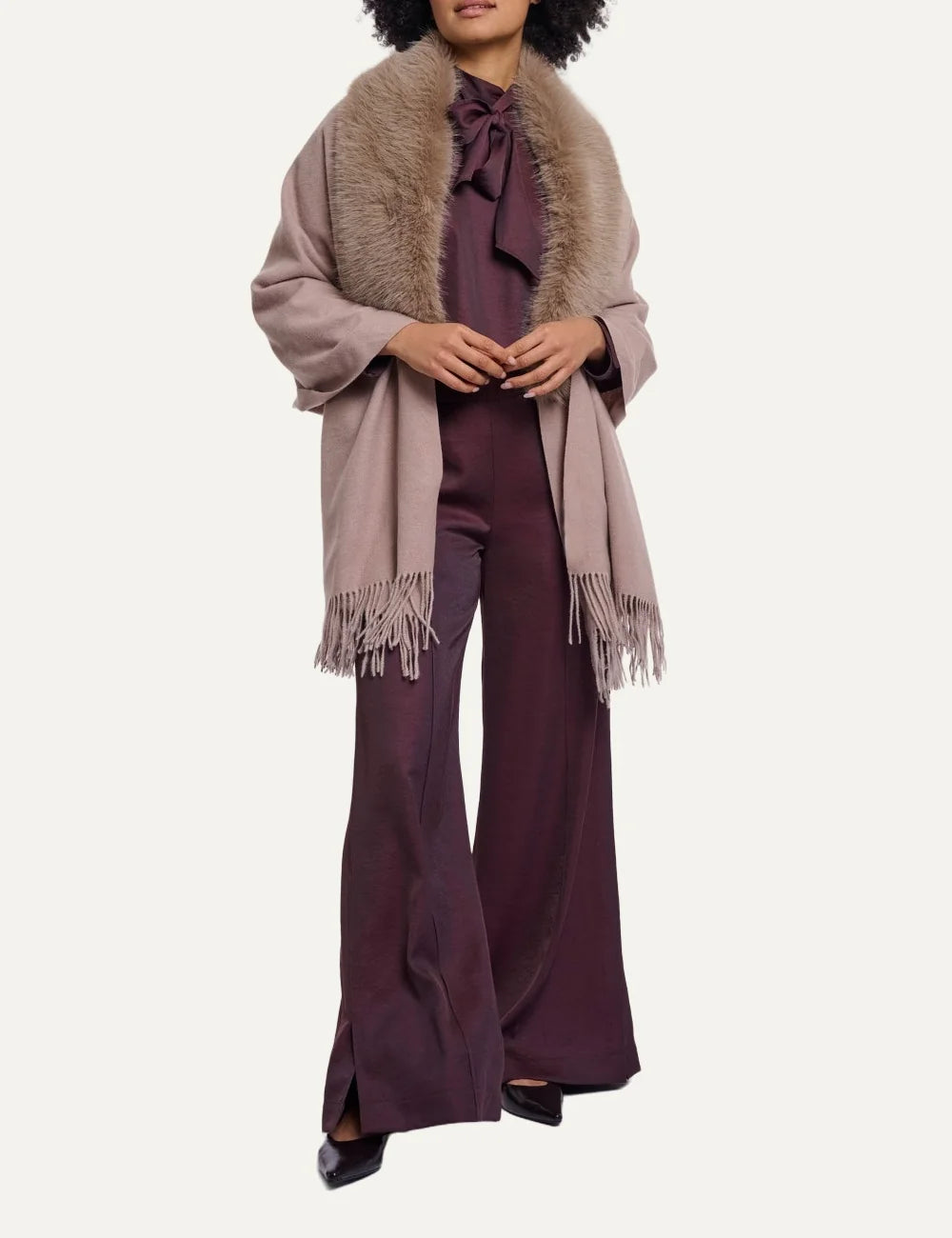 Rino &amp; Pelle women's mocha brown cape with faux fur collar and fringes
