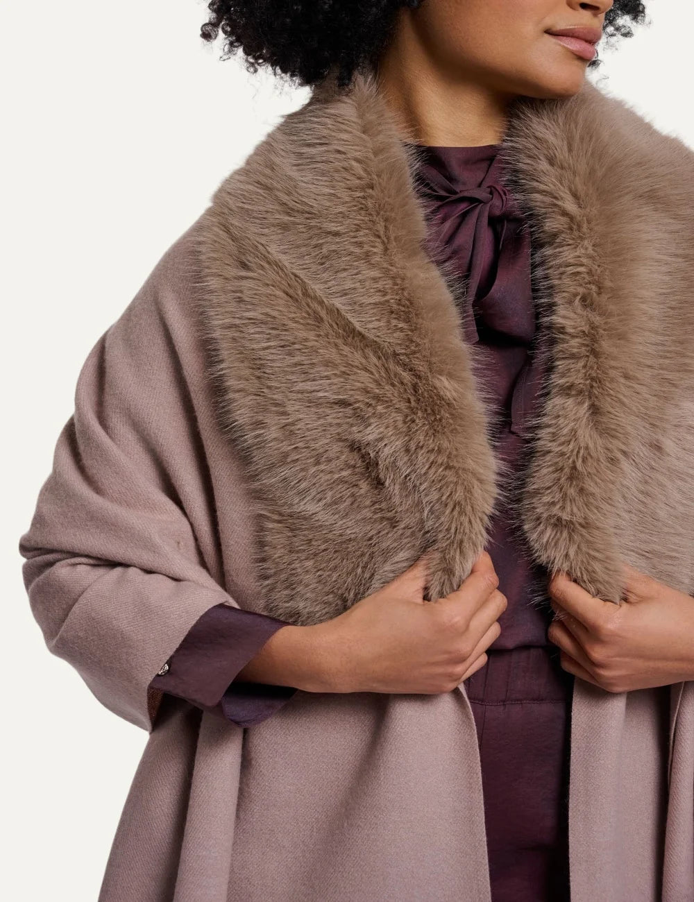 Rino &amp; Pelle women's mocha brown cape with faux fur collar and fringes detail