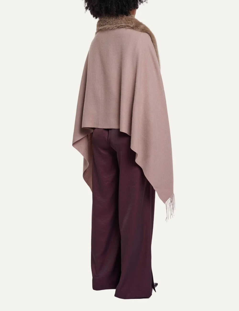 Rino &amp; Pelle women's mocha brown cape with faux fur collar and fringes back