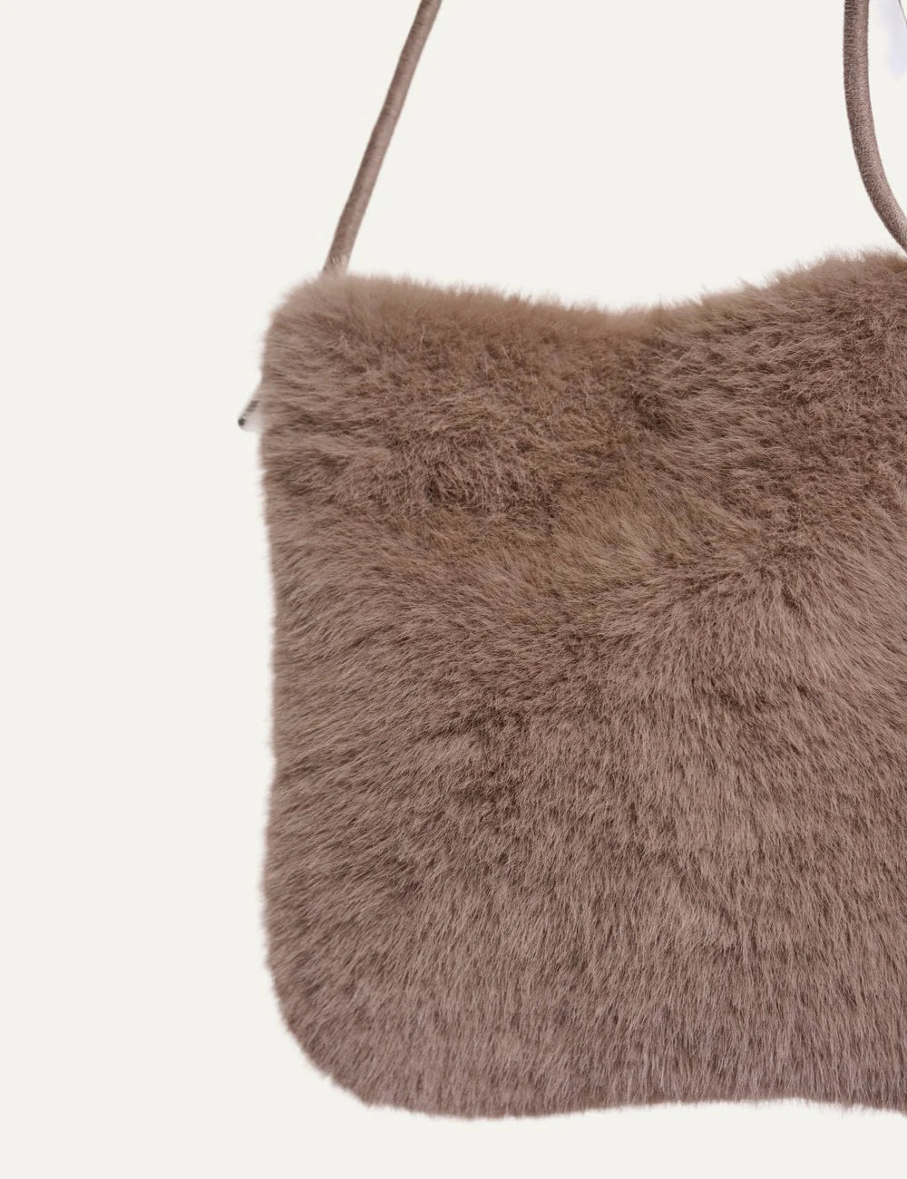 Rino &amp; Pelle women's mocha brown faux fur crossbody bag detail