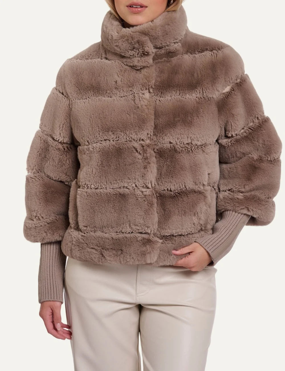 Rino & Pelle women's mocha latte faux fur jacket with detachable sleeves front view