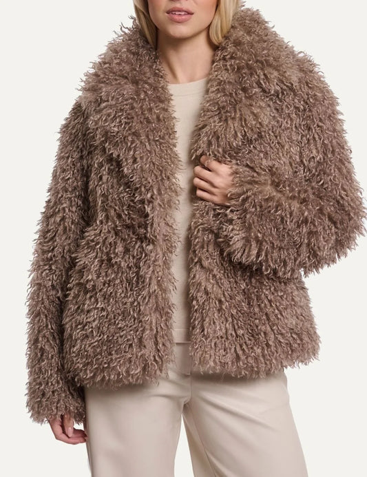 Rino & Pelle women's mocha latte plush faux fur jacket with wide collar front view