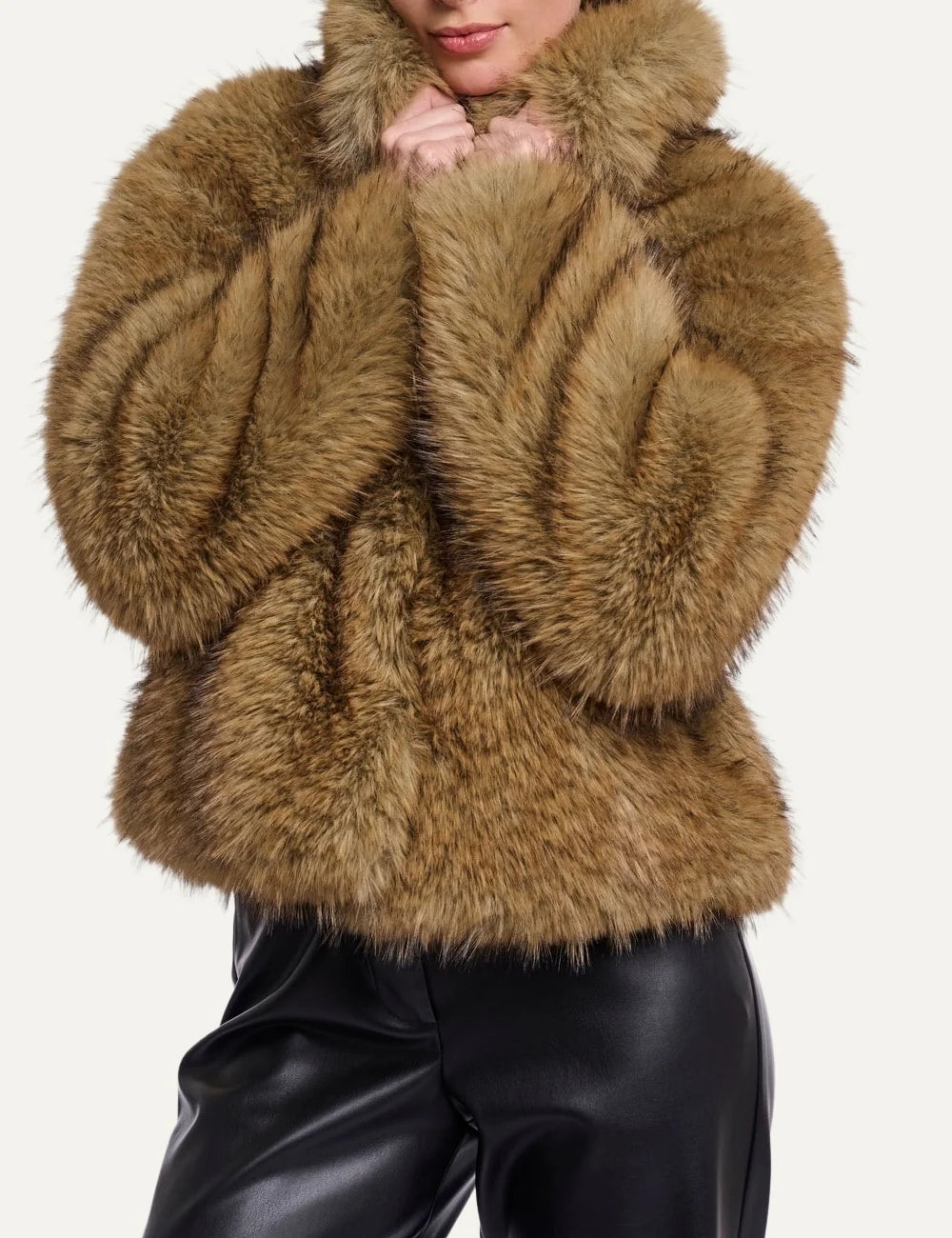 Rino Pelle women's natural brown faux fur jacket with a fluffy texture, high collar and voluminous long sleeves front view