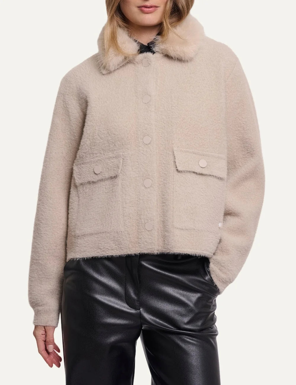 Rino Pelle women's toast brown cropped fuzzy jacket with detachable fur collar, front buttons and two flap pockets.