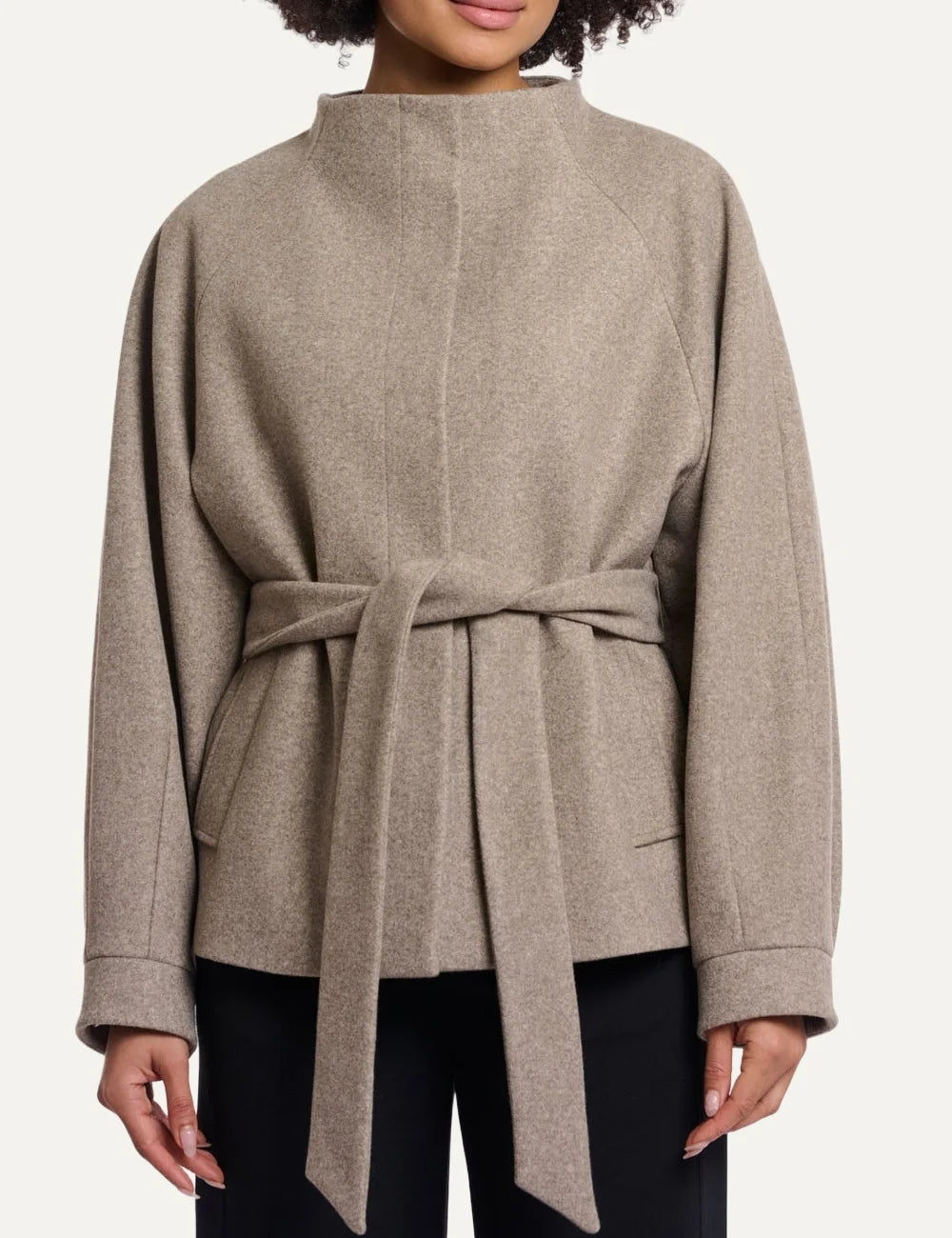 Rino & Pelle women's toffee melange lightweight belted coat with stand collar front view