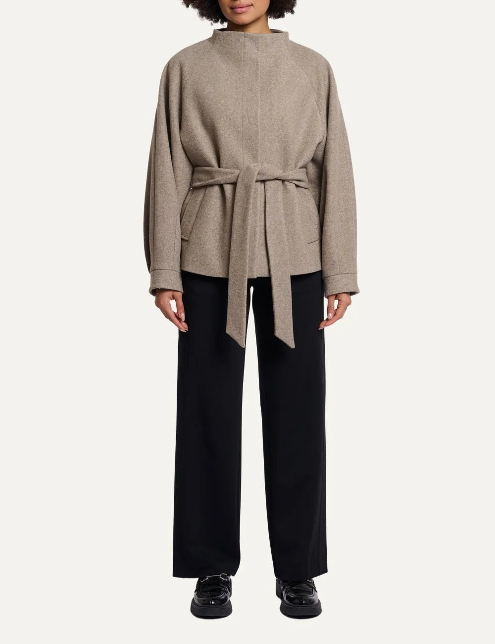 Rino & Pelle women's toffee melange lightweight belted coat with stand collar front view full look