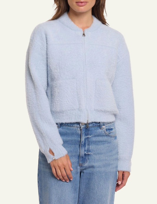 rinopelle bento fuzzy zip cardigan light blue front model view