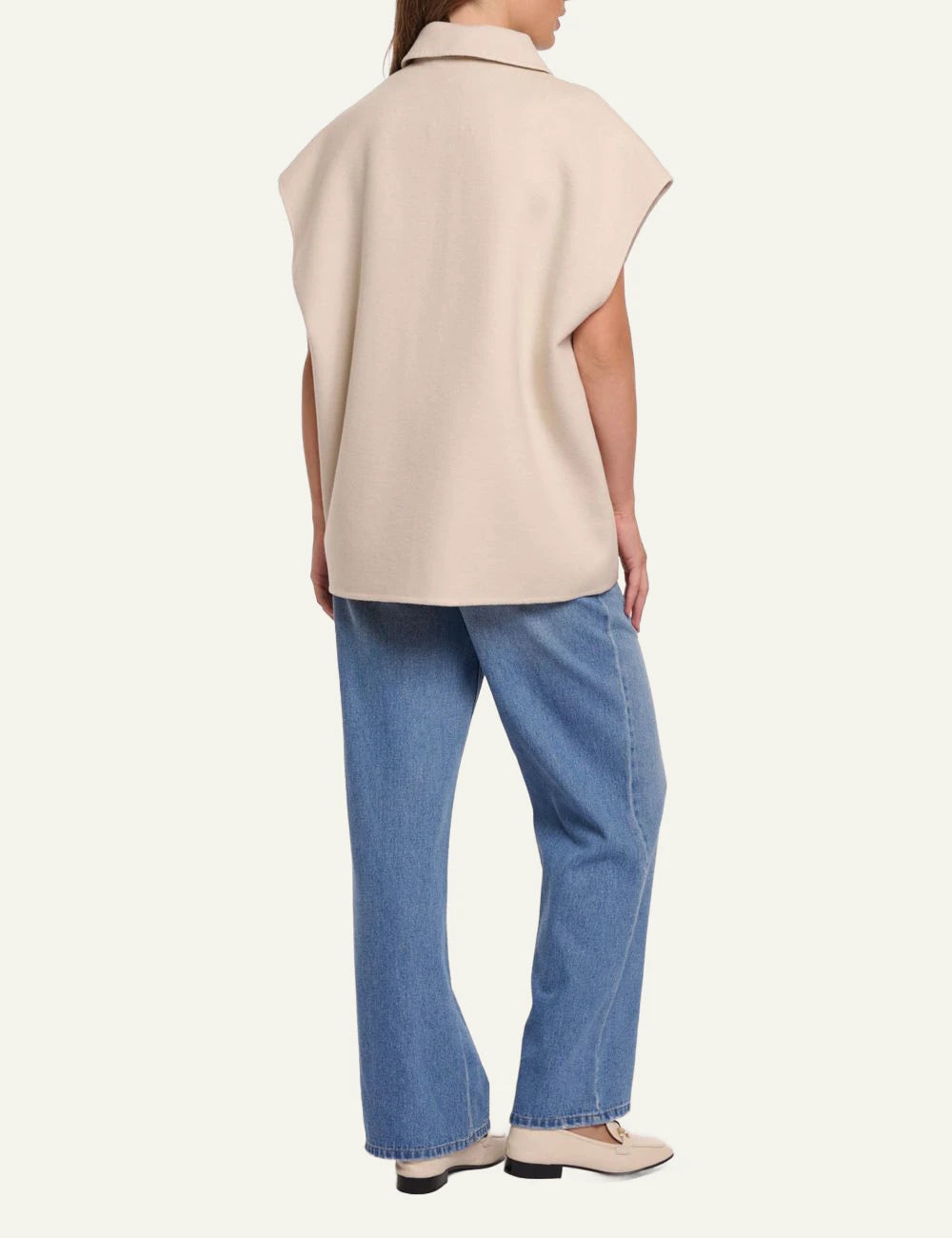 rinopelle celine sleeveless coat beige front model back view