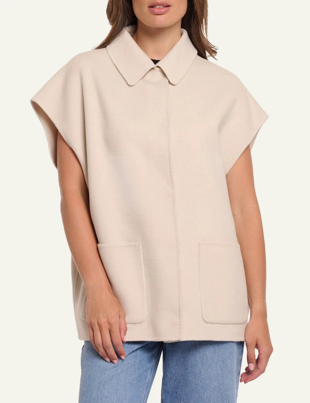 rinopelle celine sleeveless coat beige front model view