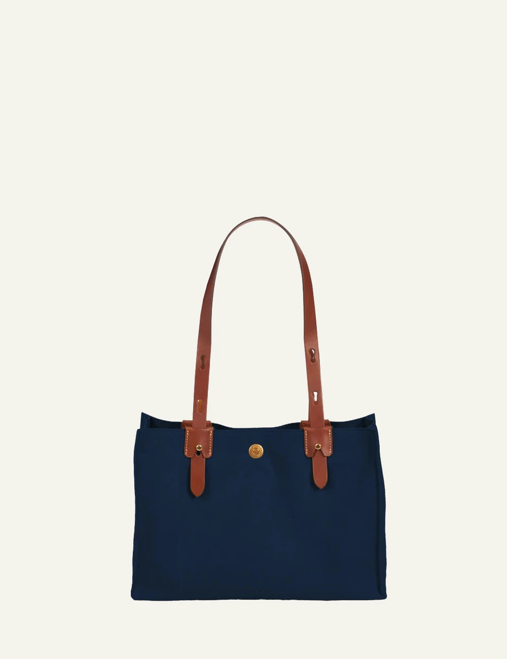 Roberta Pieri navy mini tote bag brown leather handles front detail view
