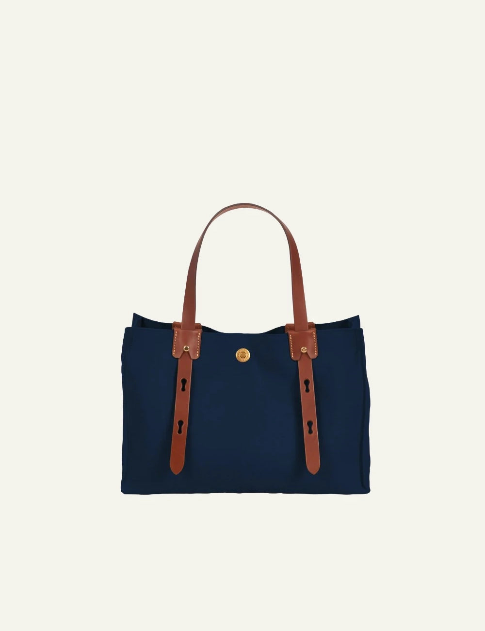 Roberta Pieri navy mini tote bag brown leather handles front view