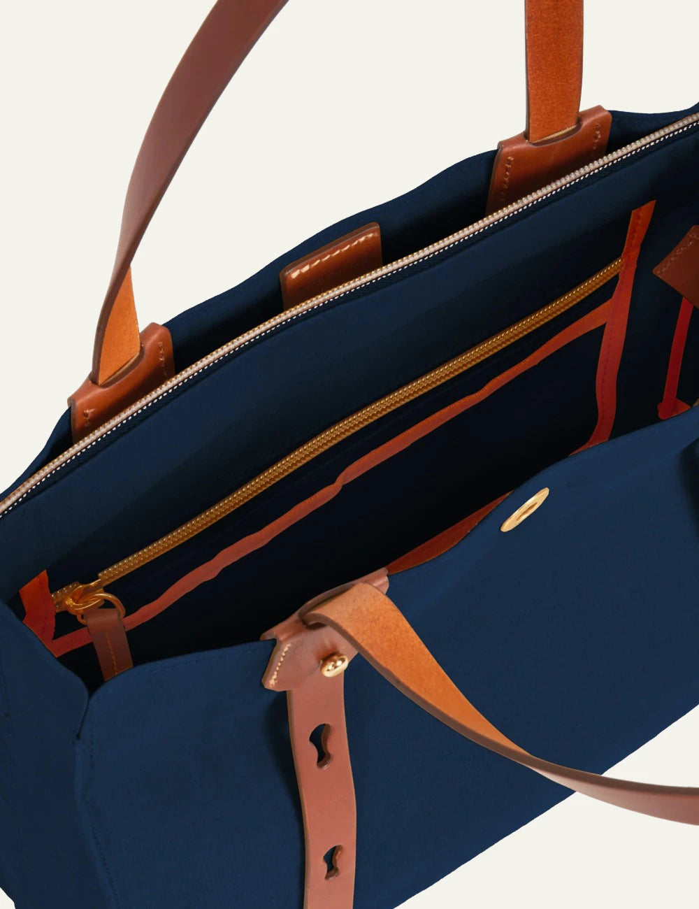 Roberta Pieri navy mini tote bag brown leather handles top view