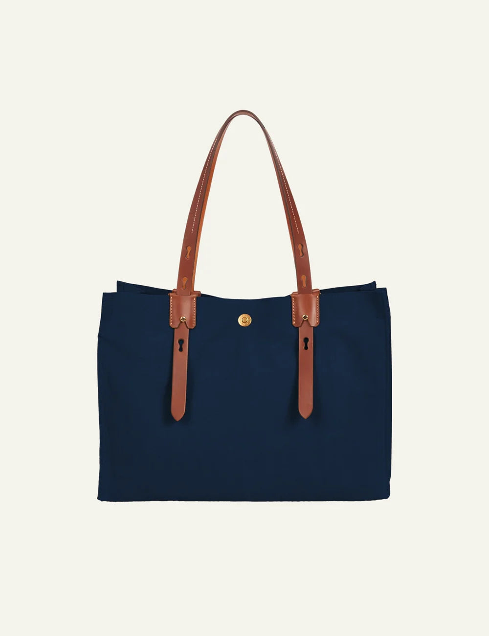 Roberta Pieri navy tote bag brown leather handles front view