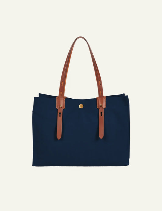 Roberta Pieri navy tote bag brown leather handles front view