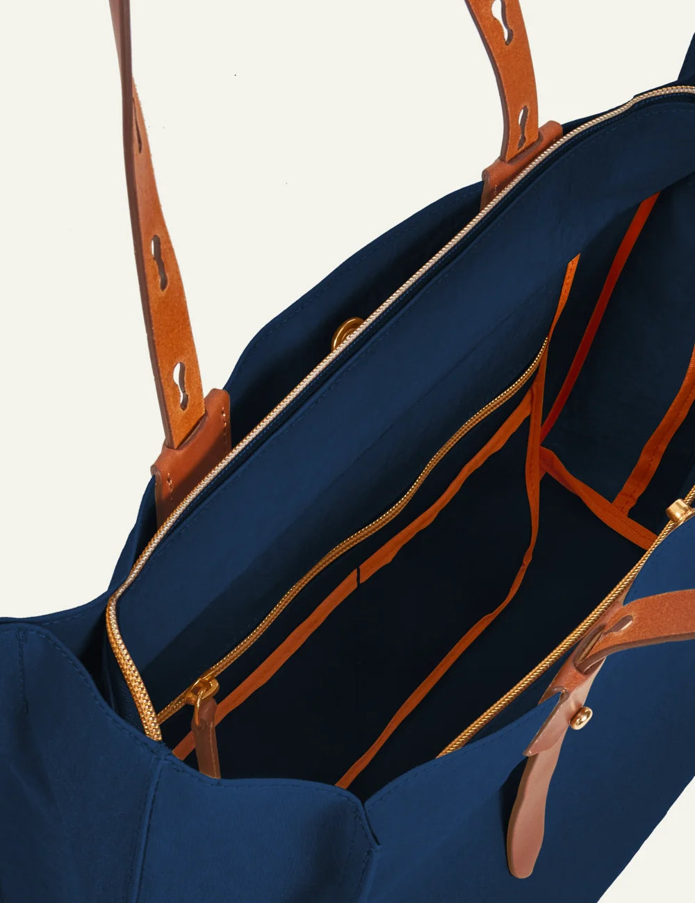 Roberta Pieri navy tote bag brown leather handles top view