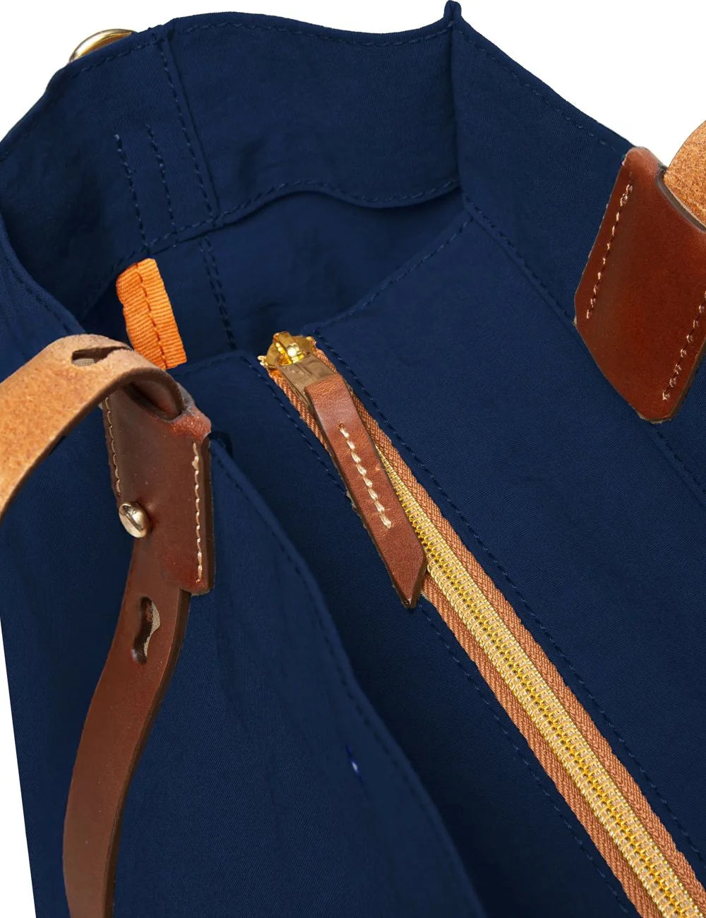 Roberta Pieri navy tote bag brown leather handles top zip view