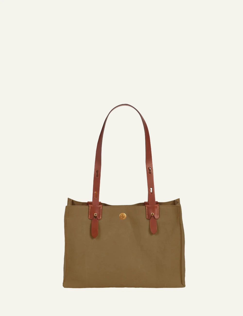 Roberta Pieri olive mini tote bag brown leather handles front detail view