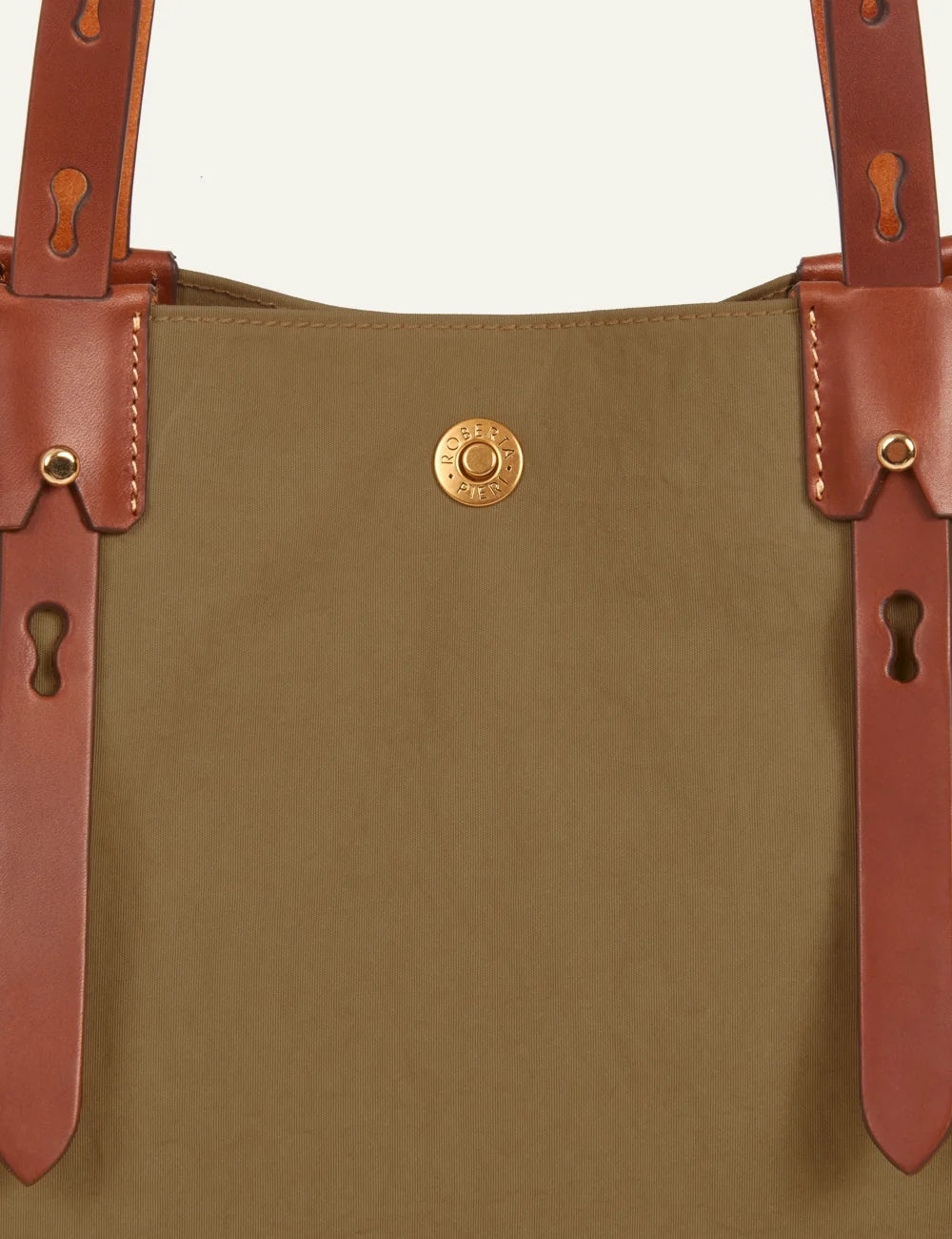 Roberta Pieri olive tote bag brown leather handles front detail view