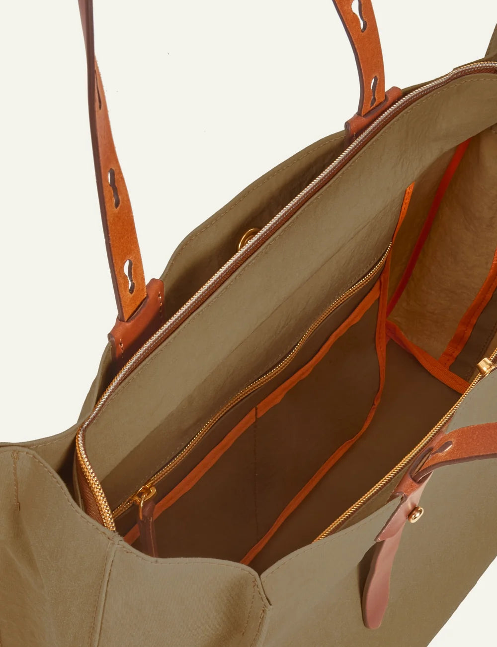 Roberta Pieri olive tote bag brown leather handles top view