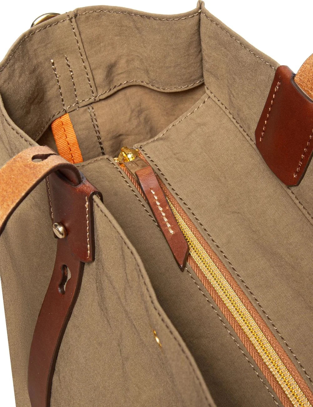 Roberta Pieri olive tote bag brown leather handles detail view