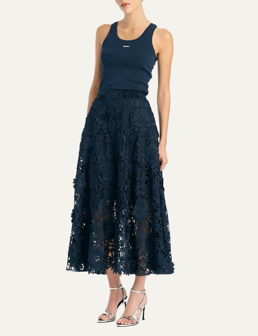 Γυναικεία ROTATE 3D Lace Midi Skirt Dark Blue ολοκληρωμένο look μπροστινή όψη