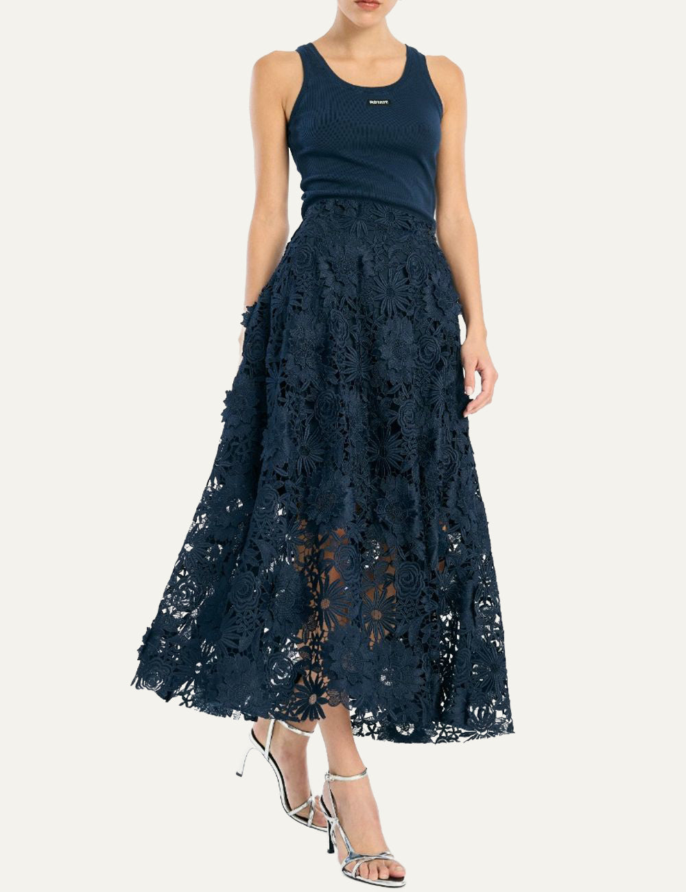 Γυναικεία ROTATE 3D Lace Midi Skirt Dark Blue close up ανάγλυφο σχέδιο