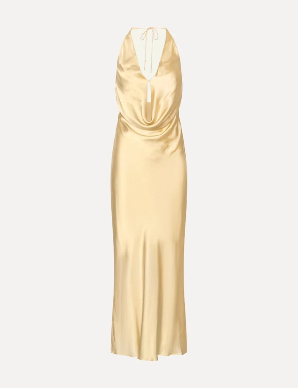 Gold satin halter maxi dress with deep neckline back flat view