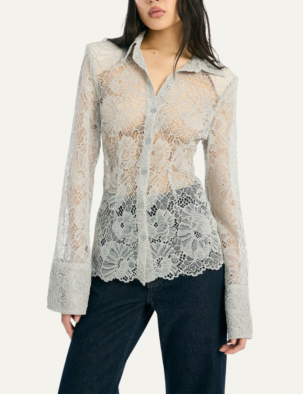 Γυναικείο Rotate Flower Mesh Shirt flat lay μπροστά με scalloped τελείωμα