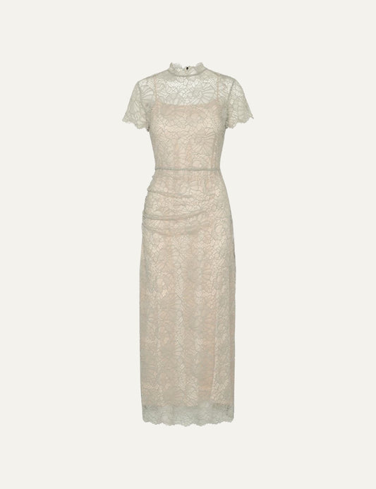 Lace long midi dress back view light grey, fitted waist και concealed zip