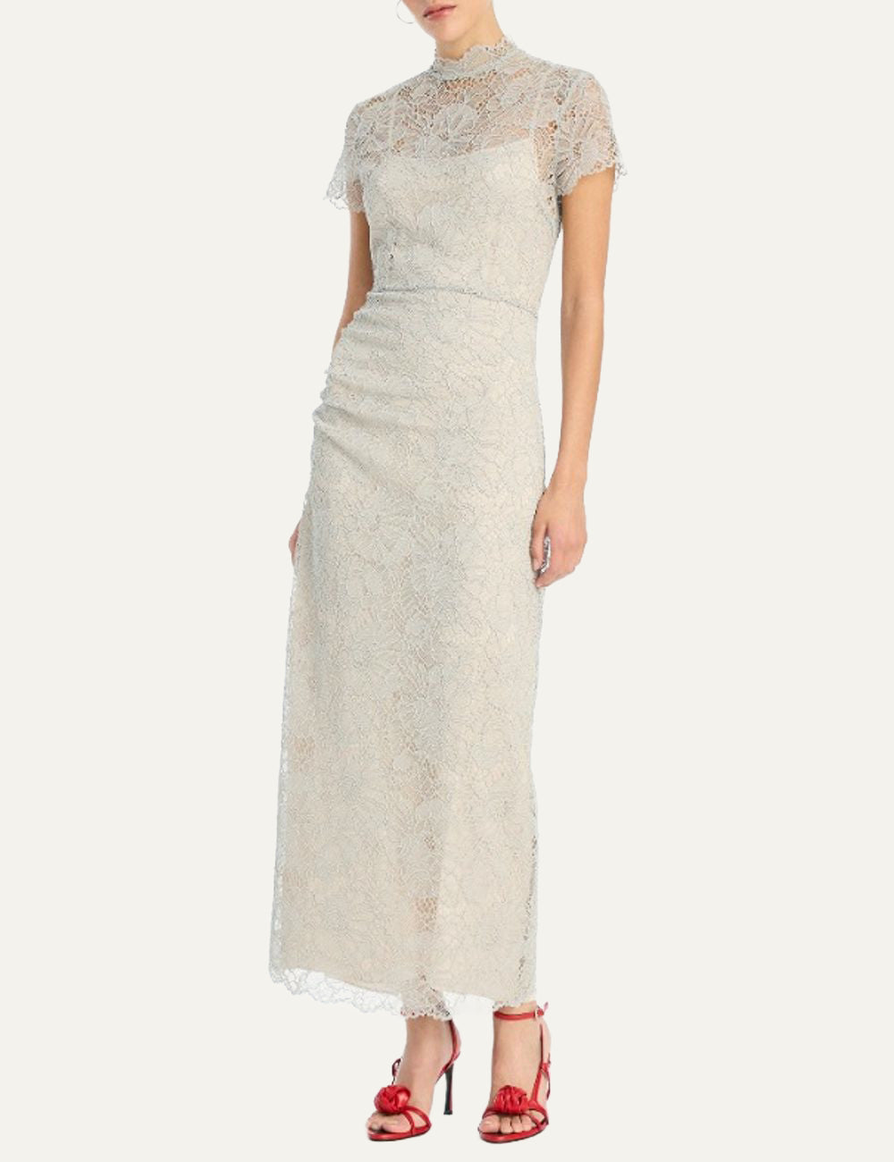 Γυναικείο lace long midi dress light grey, floral lace φόρεμα με κοντό μανίκι και high neck