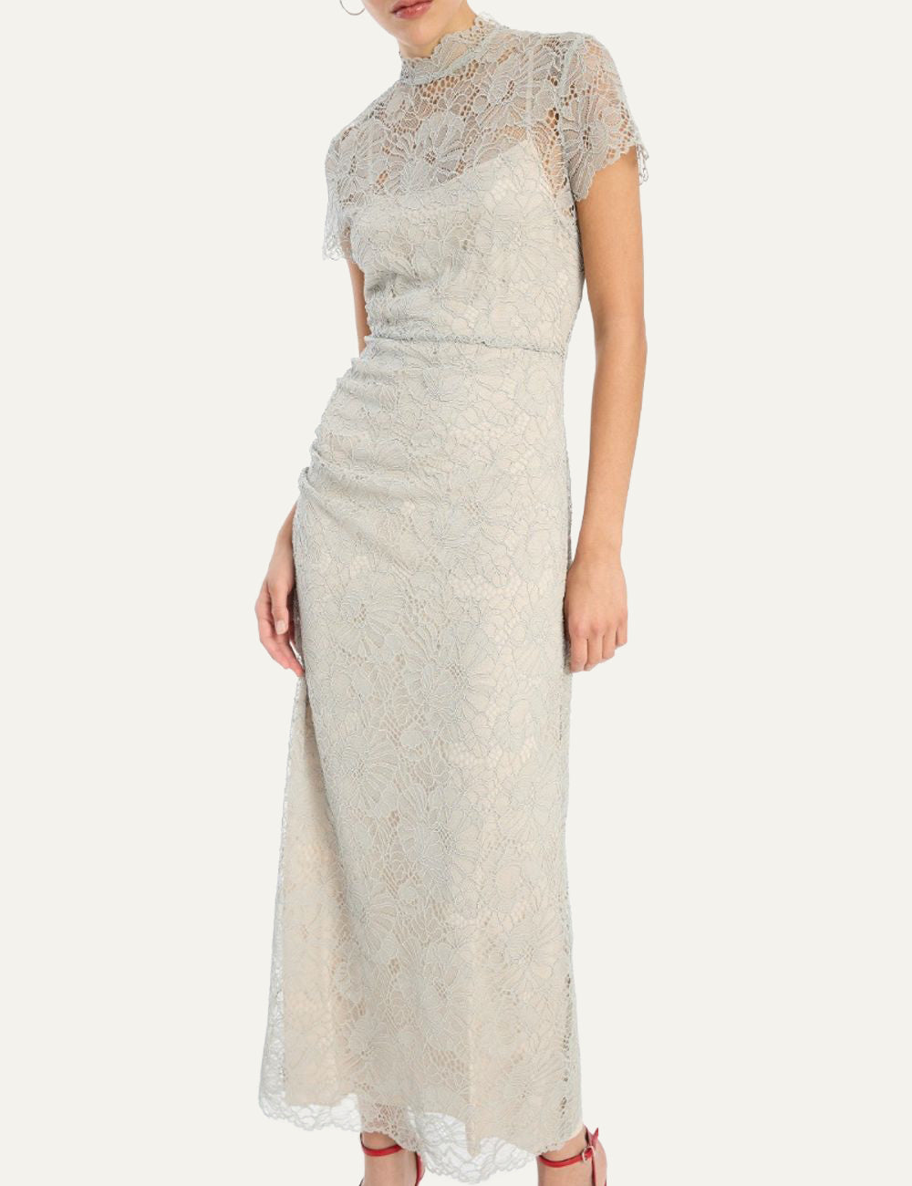 Light grey lace midi dress fitted silhouette, elegant evening women dress
