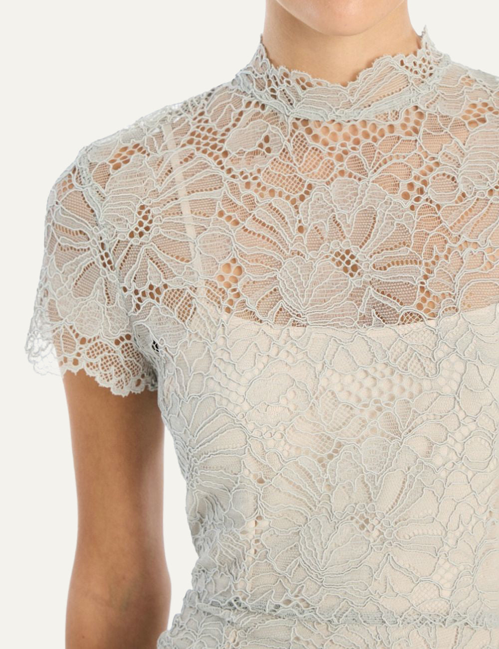 Detail floral lace fabric light grey dress, sheer lace neckline and short sleeves