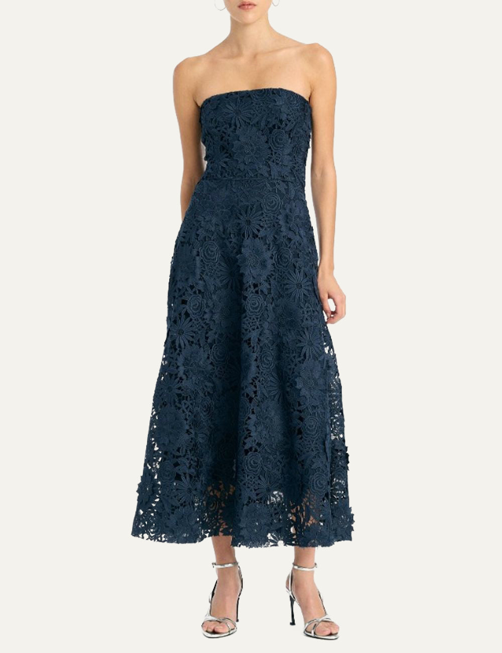 Γυναικείο ROTATE 3D Lace Flared Midi Dress Dark Blue ολοκληρωμένο look strapless