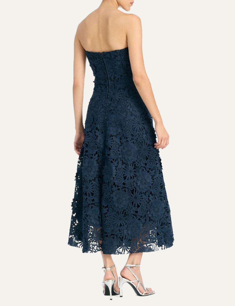 Γυναικείο ROTATE 3D Lace Flared Midi Dress Dark Blue πίσω όψη strapless look