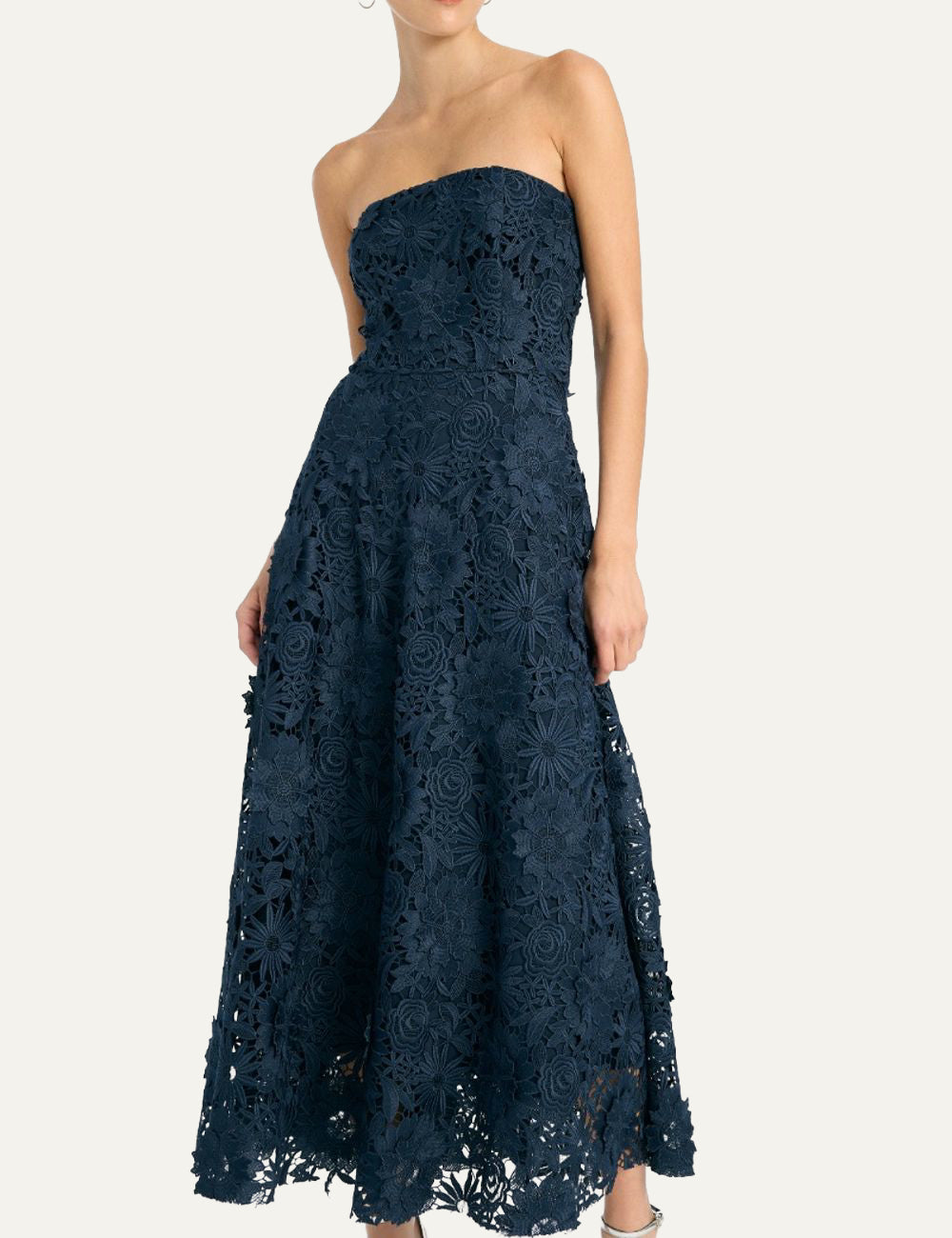 Γυναικείο ROTATE 3D Lace Flared Midi Dress Dark Blue μπροστινή όψη με A-line σιλουέτα