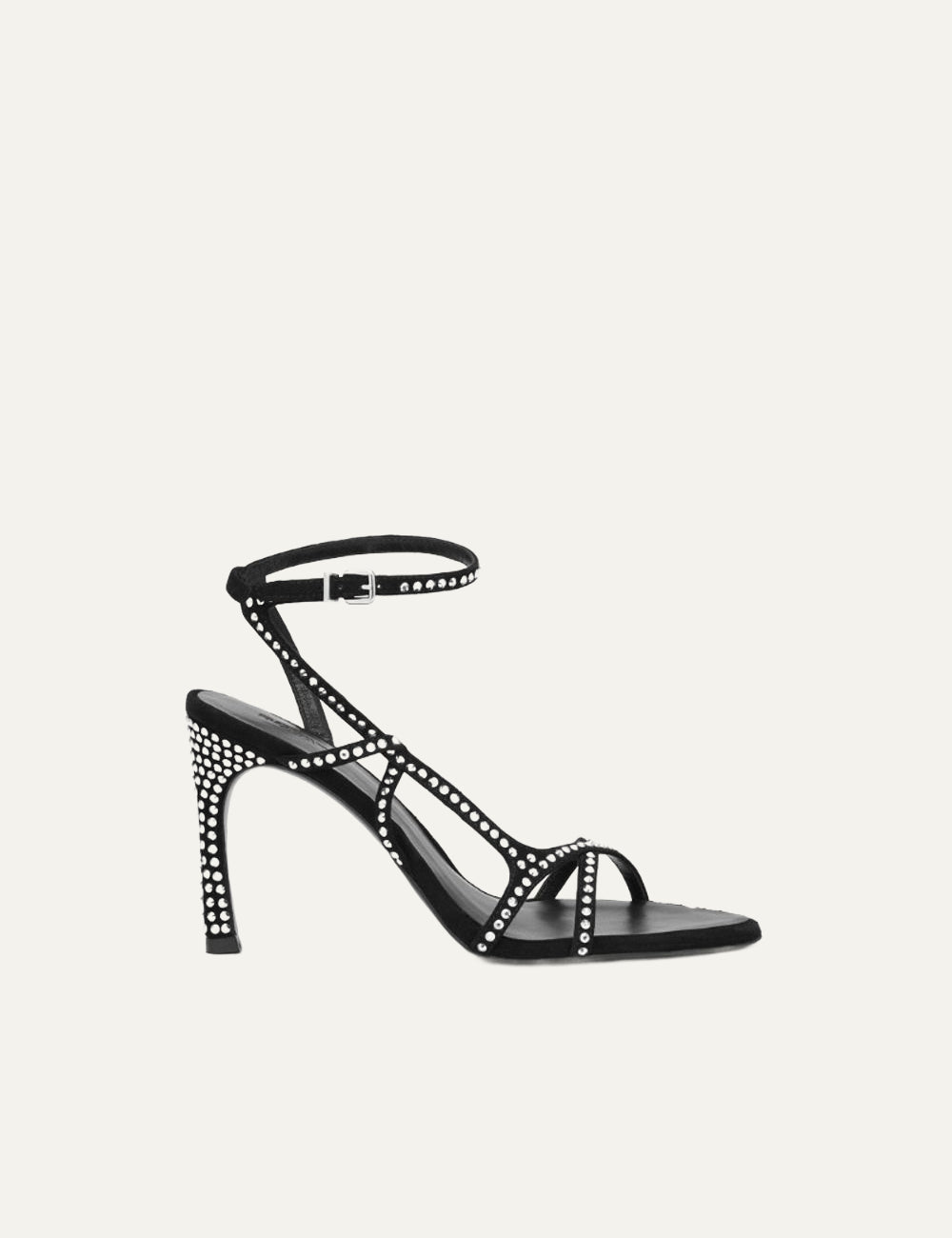 Γυναικεία ROTATE Rhinestone Sandal Black πλαϊνή όψη με criss cross straps και ψηλό τακούνι