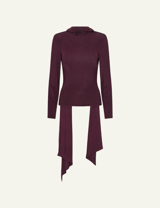 Rotate Long Sleeved Scarf Top bordeaux me draped scarf detail front view